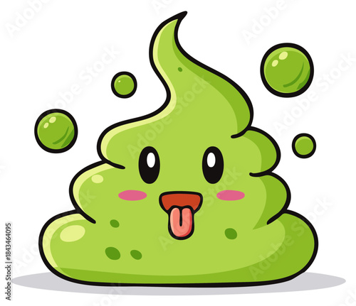 Cute green cartoon character with a playful expression tongue sticking out and floating bubbles around