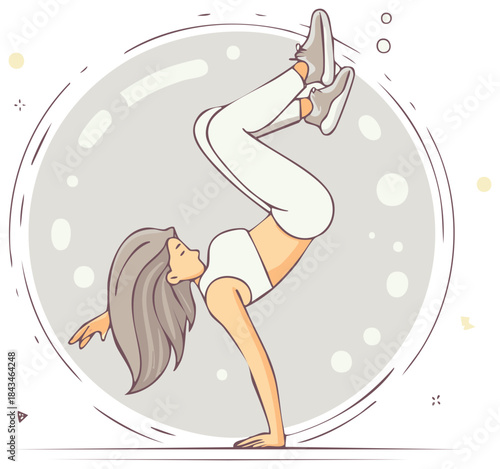Handstand exercise: vector illustration of a girl doing handstand on the background of big bubble
