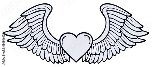 Heart with wings illustration. Angelic love, freedom, and romance symbol in a clean graphic tattoo style.