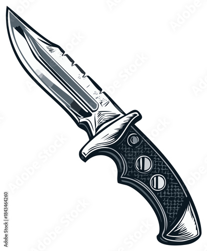 Detailed illustration of a hunting knife with a reflective steel blade and patterned handle.