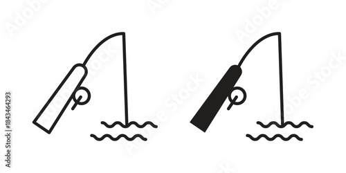 Fishing icons. Solid black silhouette and line art outline. Minimal design element,