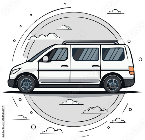 Stylized illustration of a white passenger van with a roof rack for travel and transportation concepts
