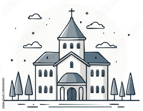 Hand drawn cartoon church building with steeple and cross surrounded by trees and clouds spiritual architecture illustration