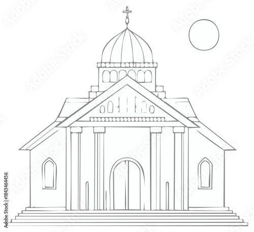 Line Drawing of a Church with Dome and Columns
