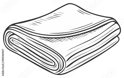 Monochrome hand drawn style illustration showing a neatly folded piece of cloth, fabric, towel or linen