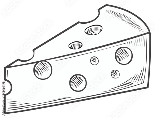 Hand drawn Swiss cheese wedge illustration in a vintage sketch style