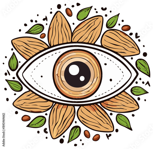 Artistic eye illustration with almond and leaf border and natural elements