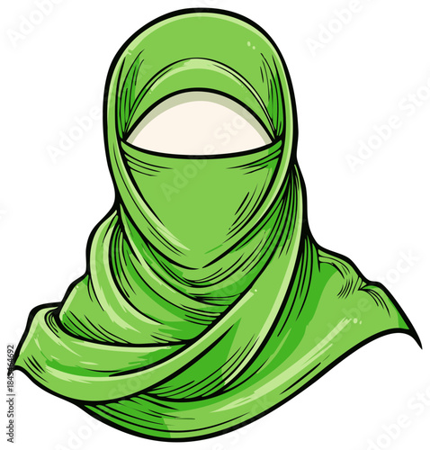 Muslim woman with green hijab headscarf in traditional religious modest Islamic clothing