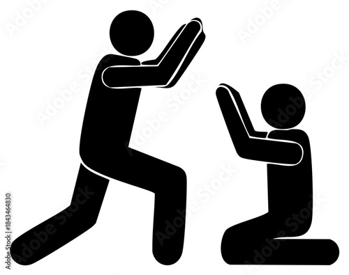 Two stick figures in prayer pose one standing one kneeling demonstrating devotion or worship