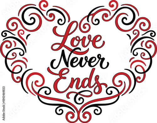 A beautiful calligraphic design illustrating the sentiment "love never ends" within a decorative heart outline