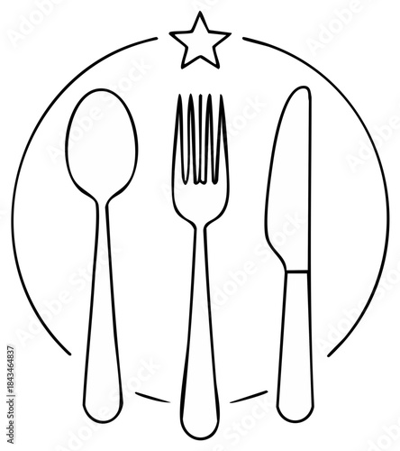 Line art of cutlery spoon fork knife, circle, and star symbol. Restaurant icon.