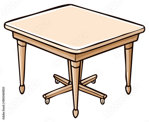 A square wooden table with four legs and a central support with casters, isolated on white background