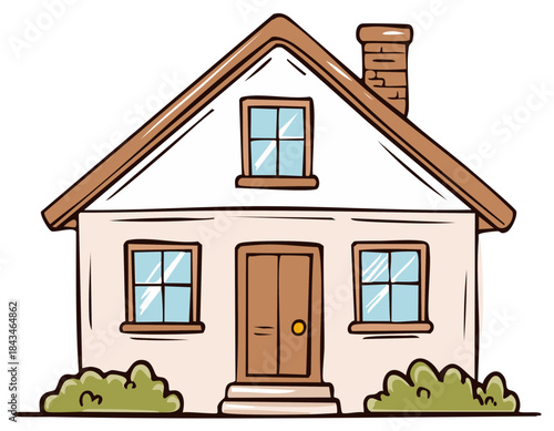 Cartoon illustration of a house with a chimney and shrubs