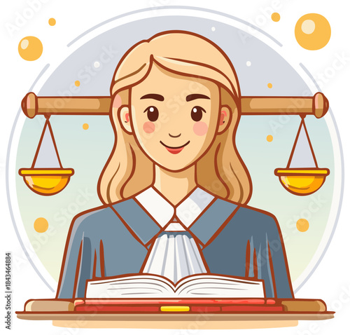 Cartoon Woman with Scales of Justice and Book Illustration for Law