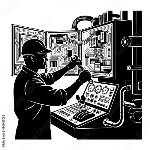 Silhouette of an engineer working on an industrial control panel with circuits and gauges.