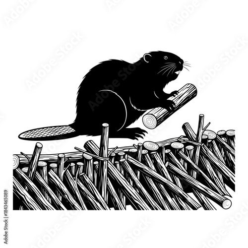 Detailed black and white illustration of a beaver actively building a dam with a log, showcasing its natural engineering skills.