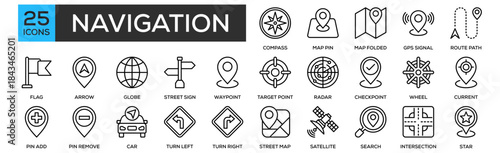 Navigation Icon Collection Set. Containing Design Compass, Map Pin, Map Folded, GPS Signal, Route Path