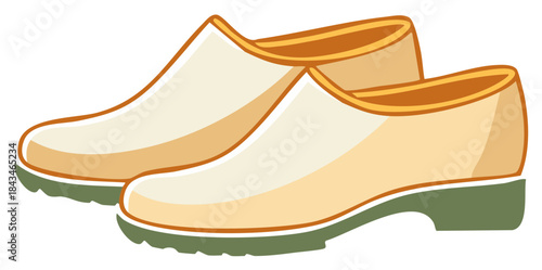 Two Wooden Clogs Dutch Footwear Traditional Shoes Pair Cartoon Illustration