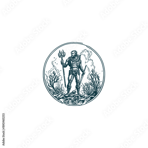 Vintage hand drawn illustration of a powerful warrior holding a trident standing on rocks amidst ocean waves, engraving style vector