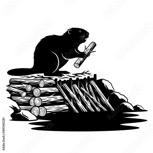 A black and white illustration of a beaver holding a log, standing on a partially built dam or lodge made of logs and branches.