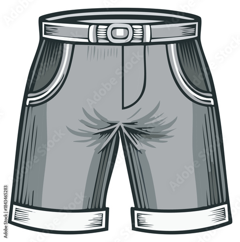 Vintage Illustration of Grey Denim Shorts with Belt and Cuffs