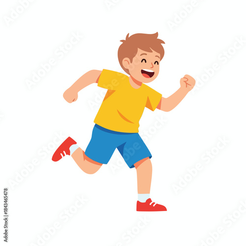 A cartoon boy runs with glee, arms pumping, wearing a yellow shirt and shorts