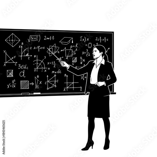 Female teacher explaining complex mathematical formulas and geometric diagrams on a blackboard, an educational illustration.