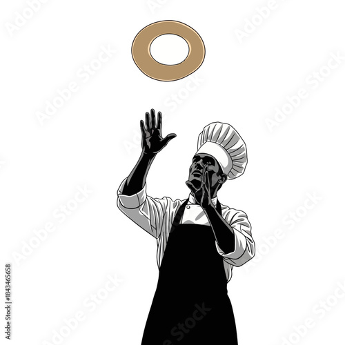 A chef in uniform tossing a ring-shaped dough or bagel into the air with a focused expression.