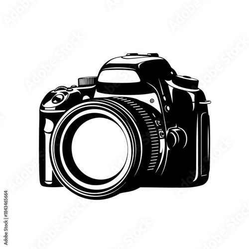 Black and white vector illustration of a modern digital single-lens reflex camera with a large lens, depicted from a slight angle.