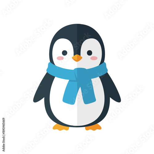 A cartoon penguin with a blue scarf, black head, white body, and orange feet