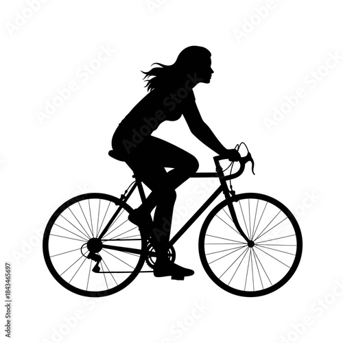 Black silhouette of a woman riding a road bicycle, depicted in profile against a white background.