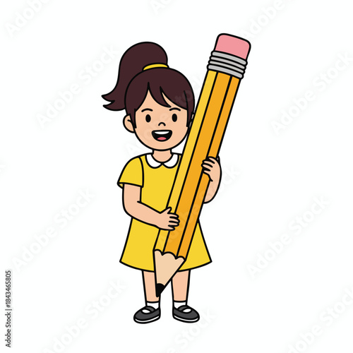 A girl in a yellow dress holds a giant pencil, smiling, standing against a white backdrop