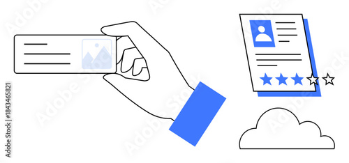 Hand holding ID card, profile document with star rating, and cloud. Ideal for personal identity, online profile, data storage, recruitment, ratings, achievement simple flat metaphor