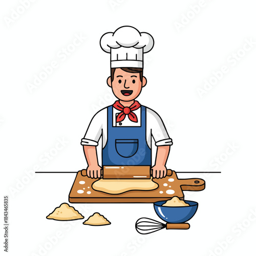 A chef with a hat rolls dough, with ingredients nearby