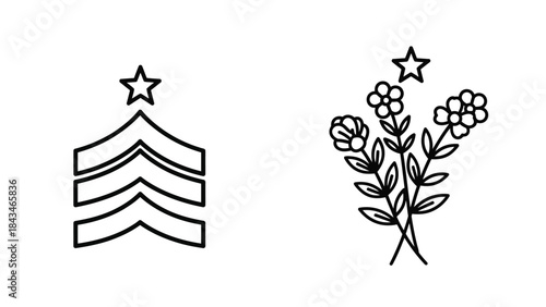 Vector illustration of Military rank insignia with star and floral emblem on black and white background