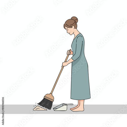Illustration of a woman sweeping the floor with a broom and dustpan