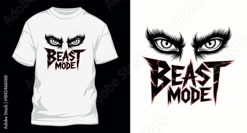 Beast mode edgy typography t-shirt design vector illustration with angry monstrous eyes and cracked text effect