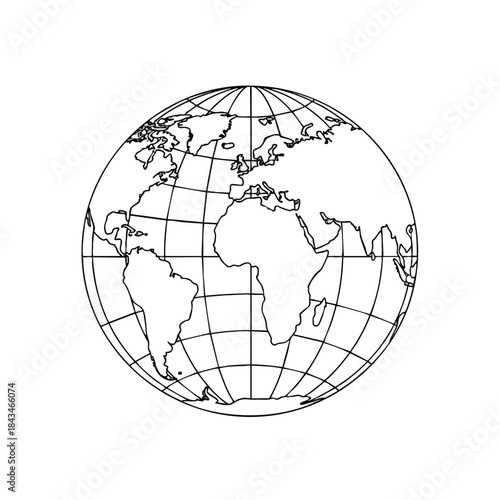 A black and white line drawing of a globe depicting continents and gridlines