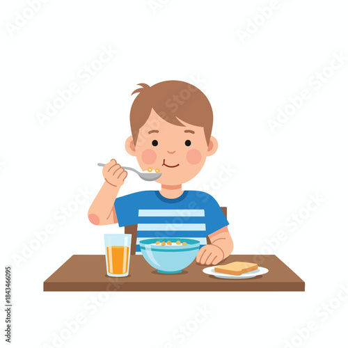 A cartoon boy is eating cereal from a bowl, sitting at a table with toast and juice