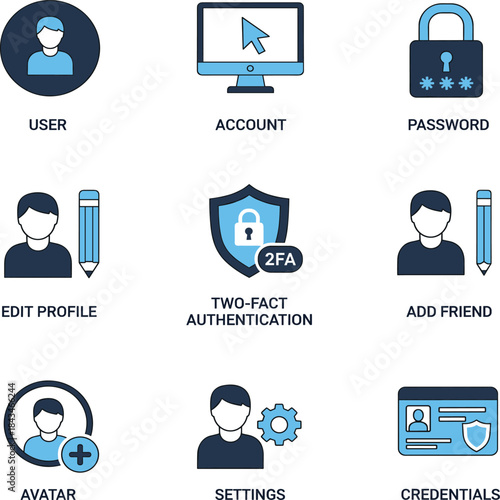 User account security password settings profile authentication credentials vector icon set