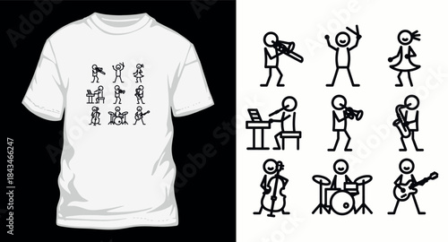 Set of eight cartoon stick figures playing various musical instruments creating a minimalist band design