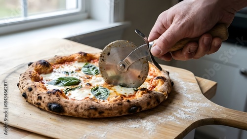 Hand Cutting Fresh Margherita Pizza with Pizza Cutter.