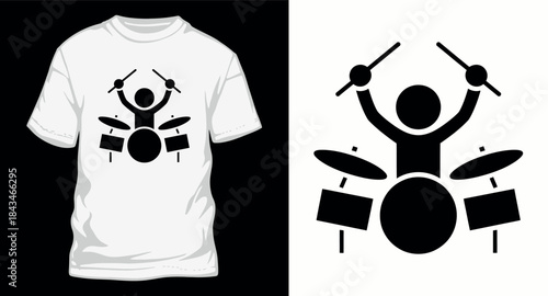 Cartoon stick figure silhouette playing drum set with sticks raised high demonstrating energetic drumming