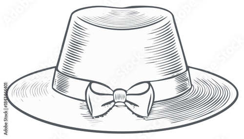 Illustration of Vintage Hat with Ribbon Bow in Gray Style, Headdress Accessory