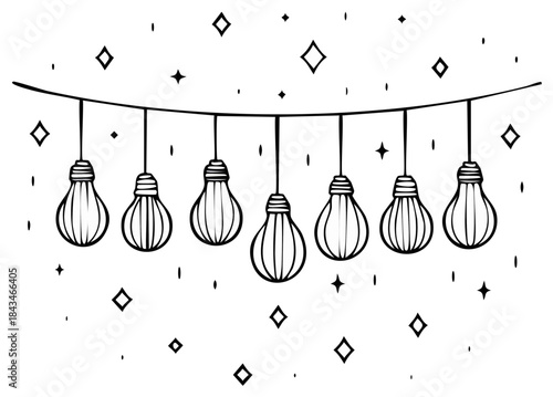 Festive string lights sketch suspended amidst twinkling stars ideal for invitations and holiday cards in black and white