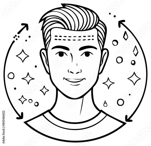 Smiling male face sketch with arrows and sparkles