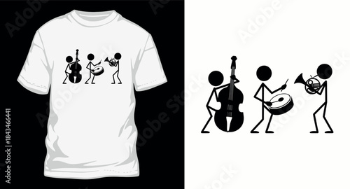 Group of three stick figures musicians playing musical instruments including double bass trumpet and drum