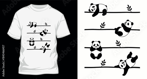 Cute pandas cartoon characters in different poses hanging on bamboo sticks or horizontal lines