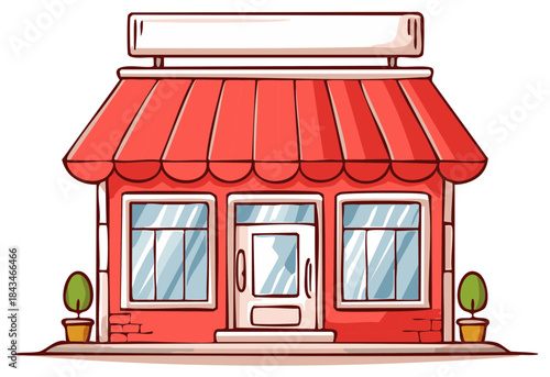 Charming cartoon small shop building with red striped awning and blank sign