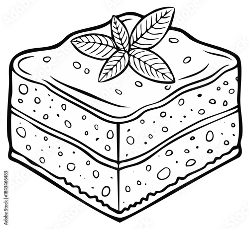 Slice of lasagna with basil garnish black and white outline illustration